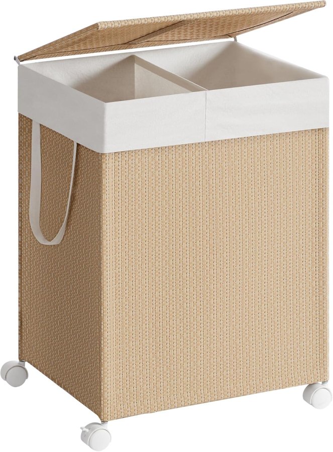 SONGMICS HOME W&auml;schekorb mit 2 F&auml;chern, 100 l, W&auml;schesortierkorb auf Rollen mit Deckel, W&auml;schesack mit Griff, Rattanoptik, f&uuml;r Waschk&uuml;che und Badezimmer, Naturbeige, Mattwei&szlig;, LCB601N01