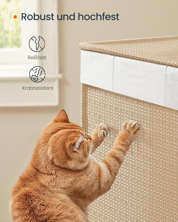 SONGMICS HOME W&auml;schekorb mit 2 F&auml;chern, 100 l, W&auml;schesortierkorb auf Rollen mit Deckel, W&auml;schesack mit Griff, Rattanoptik, f&uuml;r Waschk&uuml;che und Badezimmer, Naturbeige, Mattwei&szlig;, LCB601N01