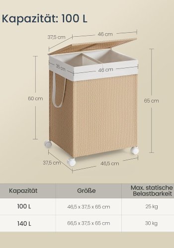 SONGMICS HOME W&auml;schekorb mit 2 F&auml;chern, 100 l, W&auml;schesortierkorb auf Rollen mit Deckel, W&auml;schesack mit Griff, Rattanoptik, f&uuml;r Waschk&uuml;che und Badezimmer, Naturbeige, Mattwei&szlig;, LCB601N01