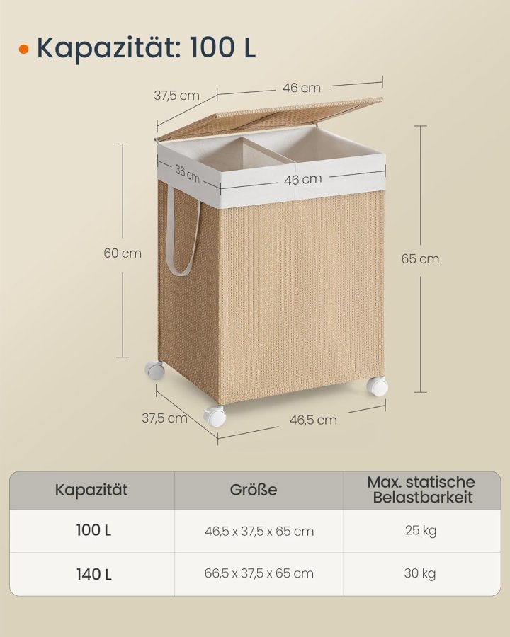 SONGMICS HOME W&auml;schekorb mit 2 F&auml;chern, 100 l, W&auml;schesortierkorb auf Rollen mit Deckel, W&auml;schesack mit Griff, Rattanoptik, f&uuml;r Waschk&uuml;che und Badezimmer, Naturbeige, Mattwei&szlig;, LCB601N01