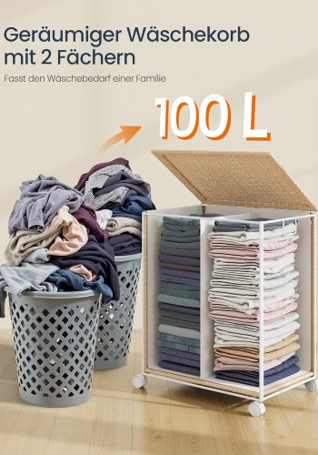 SONGMICS HOME W&auml;schekorb mit 2 F&auml;chern, 100 l, W&auml;schesortierkorb auf Rollen mit Deckel, W&auml;schesack mit Griff, Rattanoptik, f&uuml;r Waschk&uuml;che und Badezimmer, Naturbeige, Mattwei&szlig;, LCB601N01