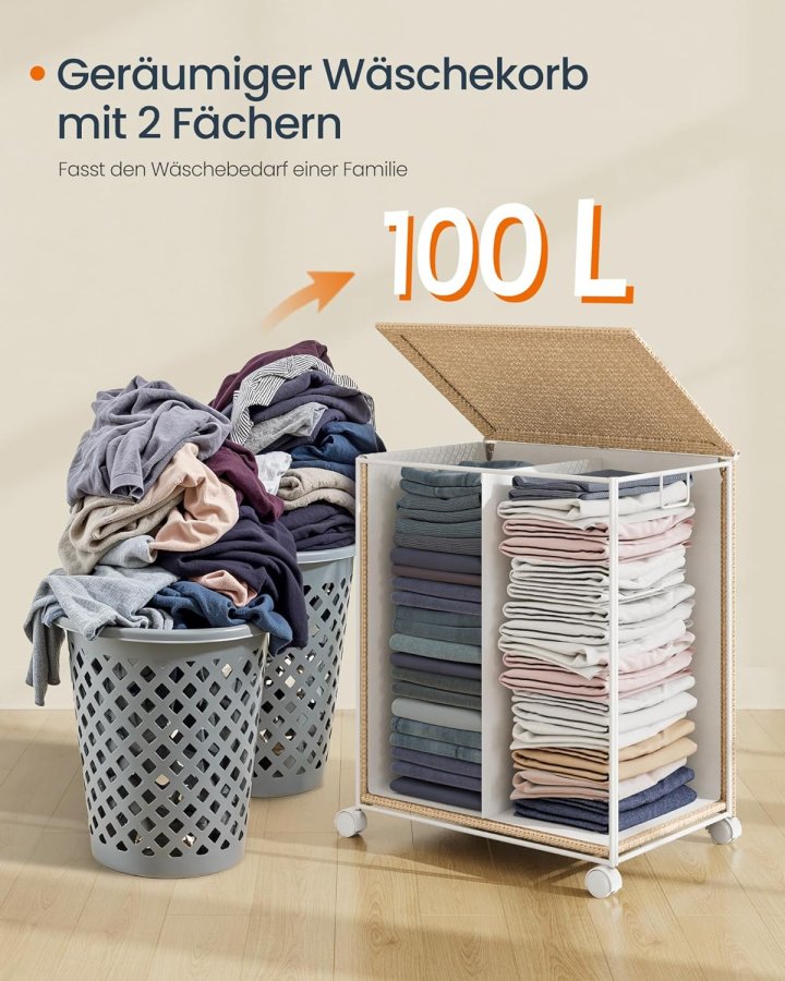 SONGMICS HOME W&auml;schekorb mit 2 F&auml;chern, 100 l, W&auml;schesortierkorb auf Rollen mit Deckel, W&auml;schesack mit Griff, Rattanoptik, f&uuml;r Waschk&uuml;che und Badezimmer, Naturbeige, Mattwei&szlig;, LCB601N01