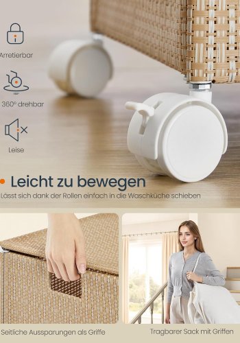 SONGMICS HOME W&auml;schekorb mit 2 F&auml;chern, 100 l, W&auml;schesortierkorb auf Rollen mit Deckel, W&auml;schesack mit Griff, Rattanoptik, f&uuml;r Waschk&uuml;che und Badezimmer, Naturbeige, Mattwei&szlig;, LCB601N01