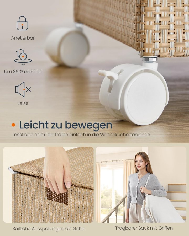 SONGMICS HOME W&auml;schekorb mit 2 F&auml;chern, 100 l, W&auml;schesortierkorb auf Rollen mit Deckel, W&auml;schesack mit Griff, Rattanoptik, f&uuml;r Waschk&uuml;che und Badezimmer, Naturbeige, Mattwei&szlig;, LCB601N01