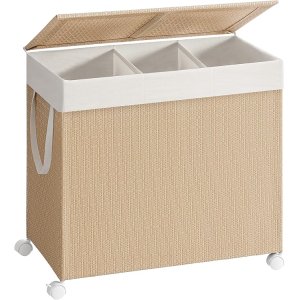 SONGMICS HOME Tv&auml;ttkorg med 3 sektioner, stor 140 l rullande tv&auml;ttkorg med hjul, rottingkorg med lock, avtagbart foder med handtag, naturbeige och mattvit LCB602N01