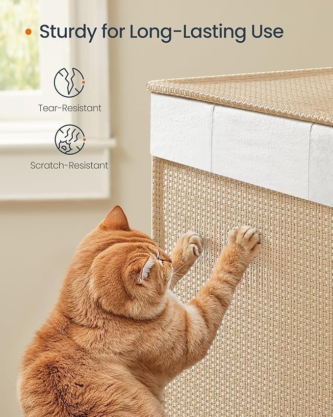 SONGMICS HOME W&auml;schekorb mit 3 F&auml;chern, gro&szlig;er 140-Liter-W&auml;schekorb mit Rollen, W&auml;schekorb aus Rattan mit Deckel, herausnehmbarem Futter mit Griff, Naturbeige und Mattwei&szlig; LCB602N01