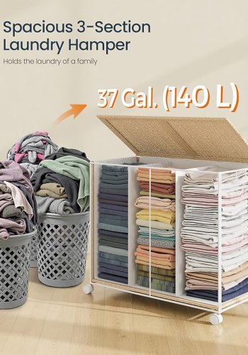 SONGMICS HOME W&auml;schekorb mit 3 F&auml;chern, gro&szlig;er 140-Liter-W&auml;schekorb mit Rollen, W&auml;schekorb aus Rattan mit Deckel, herausnehmbarem Futter mit Griff, Naturbeige und Mattwei&szlig; LCB602N01