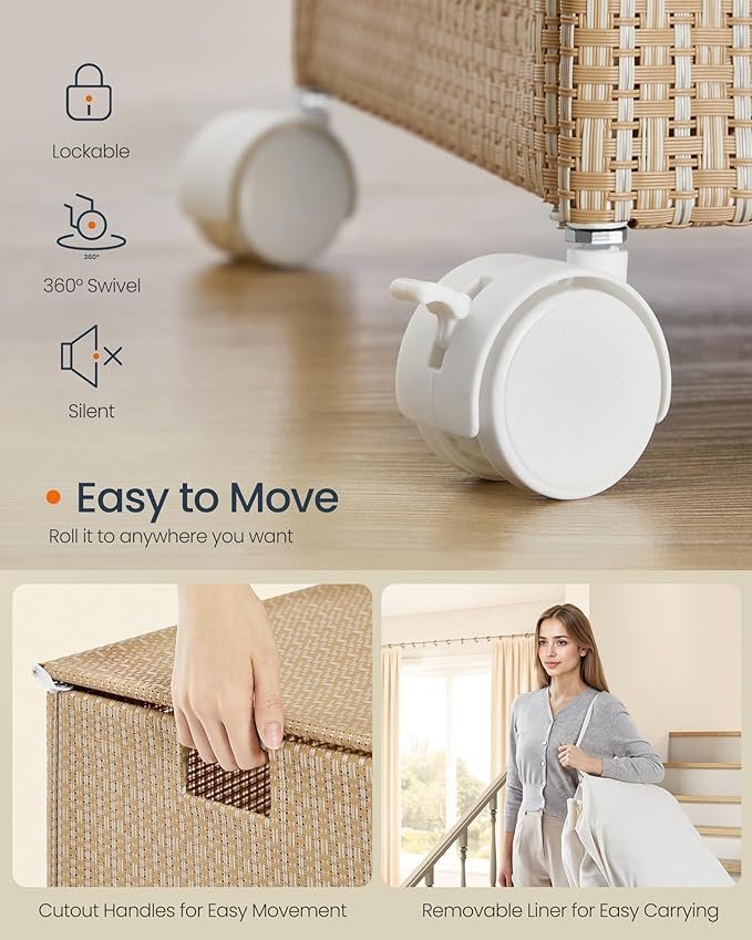 SONGMICS HOME W&auml;schekorb mit 3 F&auml;chern, gro&szlig;er 140-Liter-W&auml;schekorb mit Rollen, W&auml;schekorb aus Rattan mit Deckel, herausnehmbarem Futter mit Griff, Naturbeige und Mattwei&szlig; LCB602N01