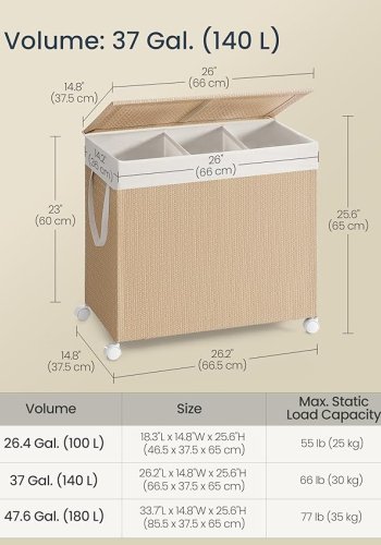 SONGMICS HOME W&auml;schekorb mit 3 F&auml;chern, gro&szlig;er 140-Liter-W&auml;schekorb mit Rollen, W&auml;schekorb aus Rattan mit Deckel, herausnehmbarem Futter mit Griff, Naturbeige und Mattwei&szlig; LCB602N01