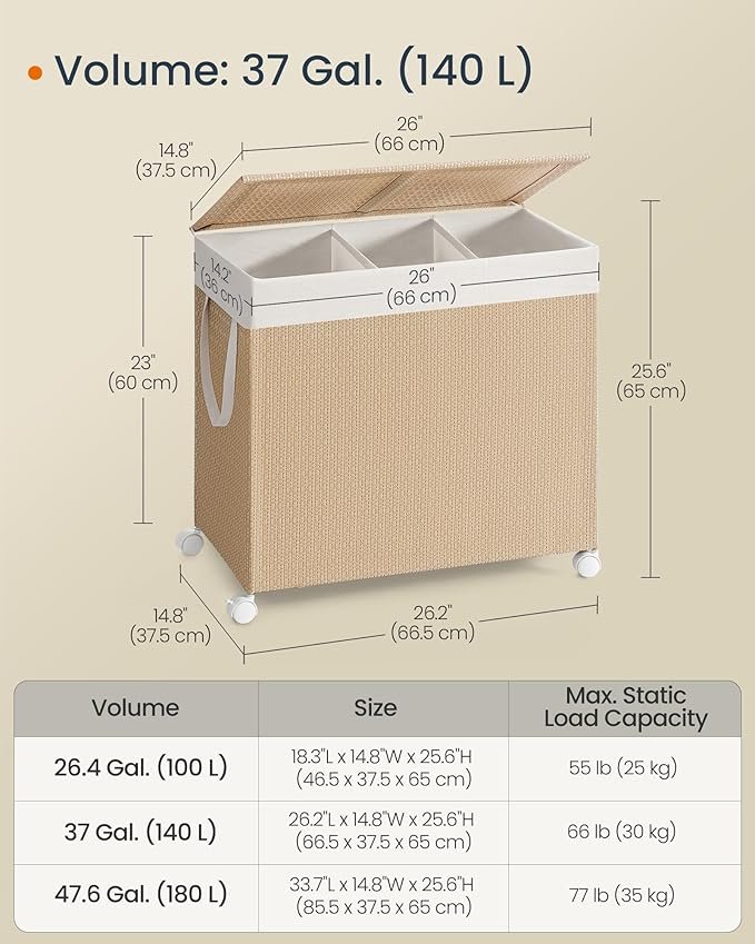 SONGMICS HOME W&auml;schekorb mit 3 F&auml;chern, gro&szlig;er 140-Liter-W&auml;schekorb mit Rollen, W&auml;schekorb aus Rattan mit Deckel, herausnehmbarem Futter mit Griff, Naturbeige und Mattwei&szlig; LCB602N01