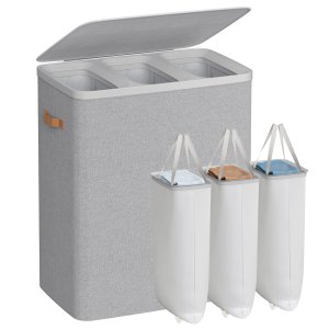 SONGMICS tv&auml;ttkorg, 50,2 gallon. Tv&auml;ttkorg, 3 fack, enkel montering, med lock och handtag, avtagbara foder, 25,2 x 15,7 x 29,5 tum, duvgr� ULCB814GD01