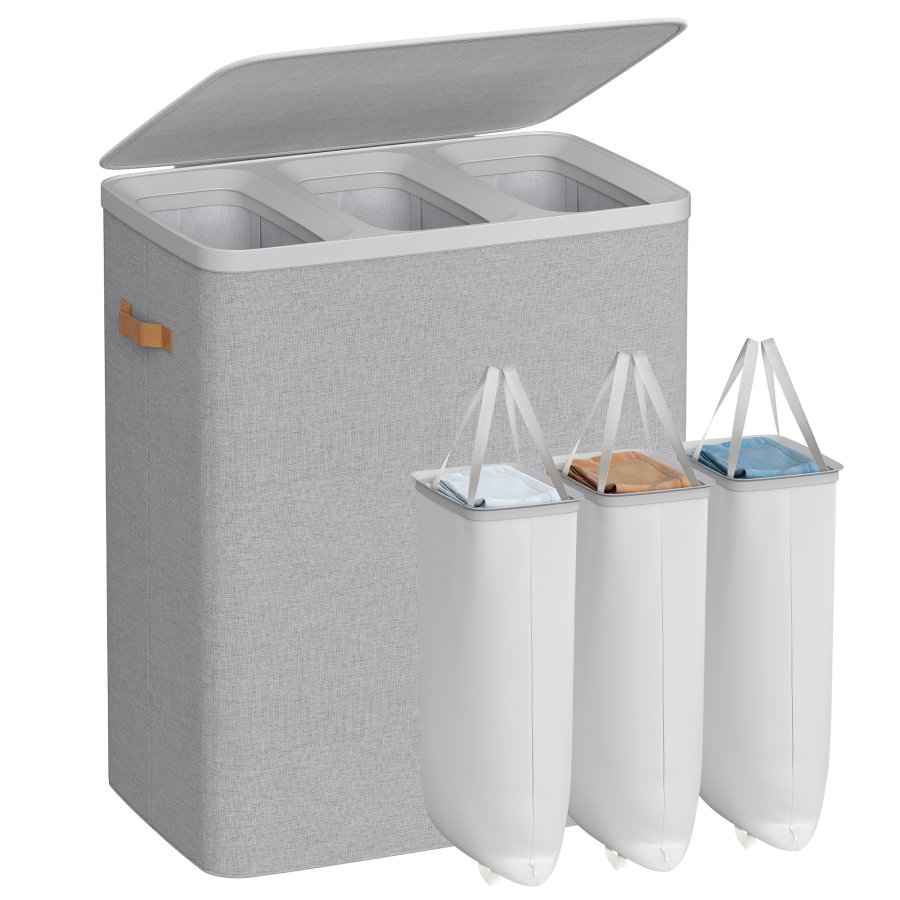 SONGMICS tv&auml;ttkorg, 50,2 gallon. Tv&auml;ttkorg, 3 fack, enkel montering, med lock och handtag, avtagbara foder, 25,2 x 15,7 x 29,5 tum, duvgr� ULCB814GD01