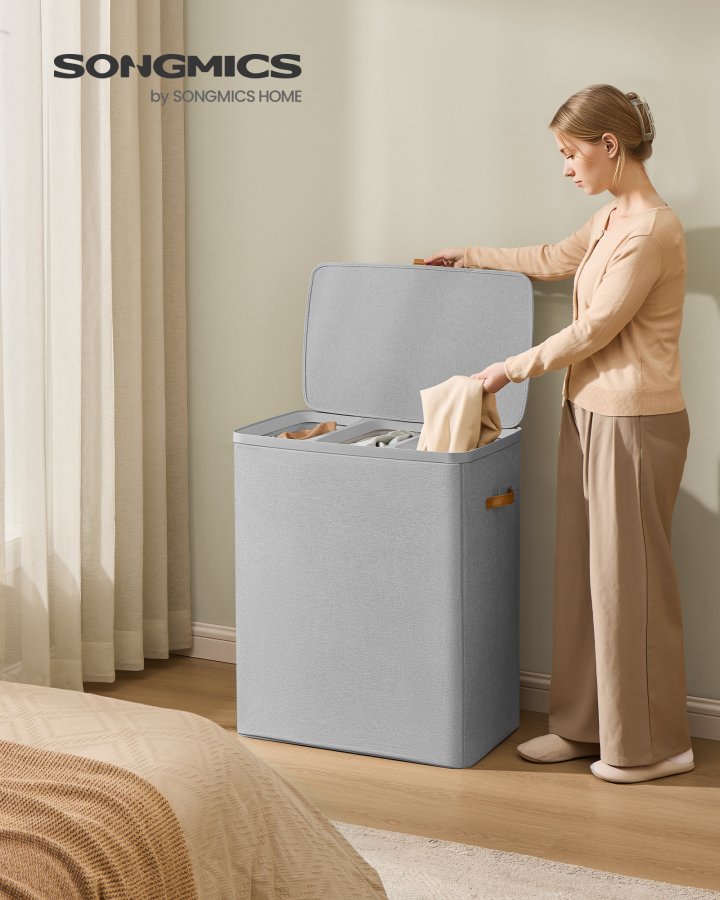 SONGMICS tv&auml;ttkorg, 50,2 gallon. Tv&auml;ttkorg, 3 fack, enkel montering, med lock och handtag, avtagbara foder, 25,2 x 15,7 x 29,5 tum, duvgr� ULCB814GD01