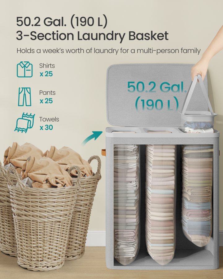 SONGMICS tv&auml;ttkorg, 50,2 gallon. Tv&auml;ttkorg, 3 fack, enkel montering, med lock och handtag, avtagbara foder, 25,2 x 15,7 x 29,5 tum, duvgr� ULCB814GD01