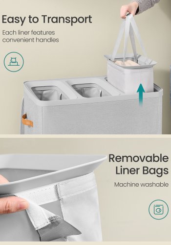 SONGMICS tv&auml;ttkorg, 50,2 gallon. Tv&auml;ttkorg, 3 fack, enkel montering, med lock och handtag, avtagbara foder, 25,2 x 15,7 x 29,5 tum, duvgr� ULCB814GD01