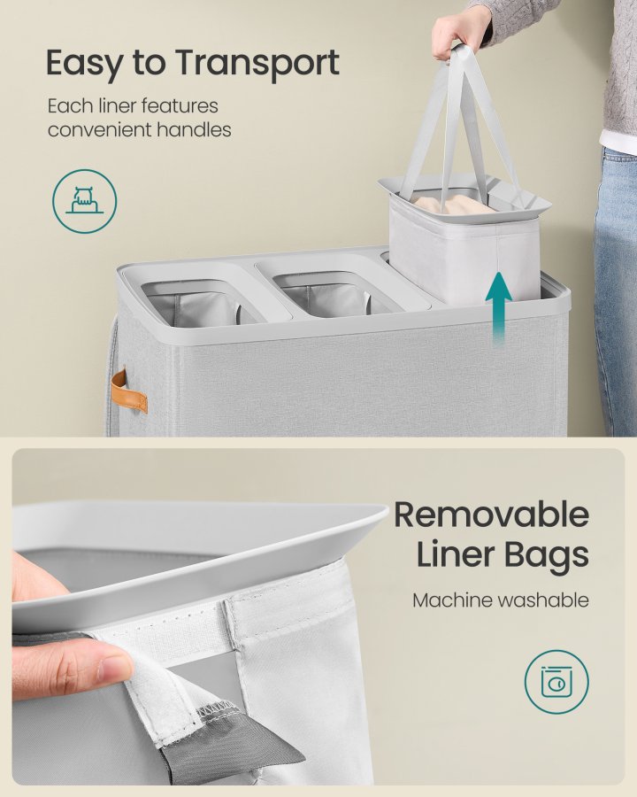 SONGMICS tv&auml;ttkorg, 50,2 gallon. Tv&auml;ttkorg, 3 fack, enkel montering, med lock och handtag, avtagbara foder, 25,2 x 15,7 x 29,5 tum, duvgr� ULCB814GD01