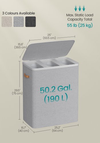 SONGMICS tv&auml;ttkorg, 50,2 gallon. Tv&auml;ttkorg, 3 fack, enkel montering, med lock och handtag, avtagbara foder, 25,2 x 15,7 x 29,5 tum, duvgr� ULCB814GD01
