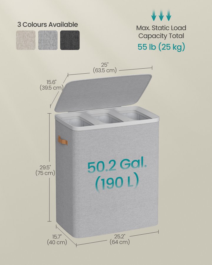 SONGMICS tv&auml;ttkorg, 50,2 gallon. Tv&auml;ttkorg, 3 fack, enkel montering, med lock och handtag, avtagbara foder, 25,2 x 15,7 x 29,5 tum, duvgr� ULCB814GD01