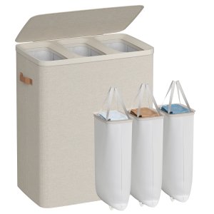 SONGMICS tv&auml;ttkorg, 190 l tv&auml;ttkorg med tre fack, med lock och handtag, avtagbara foder, enkel montering, 64 x 40 x 75 cm, cappuccino beige LCB814LH01