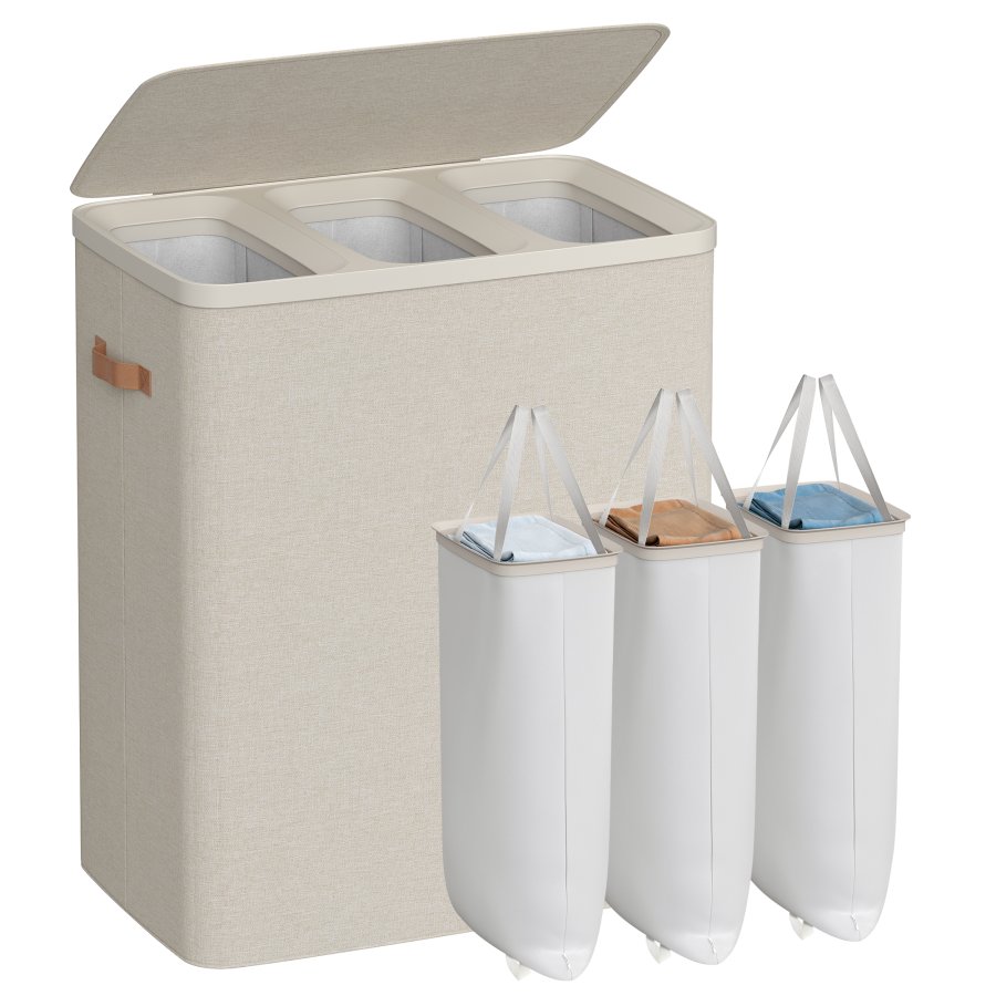 SONGMICS tv&auml;ttkorg, 190 l tv&auml;ttkorg med tre fack, med lock och handtag, avtagbara foder, enkel montering, 64 x 40 x 75 cm, cappuccino beige LCB814LH01