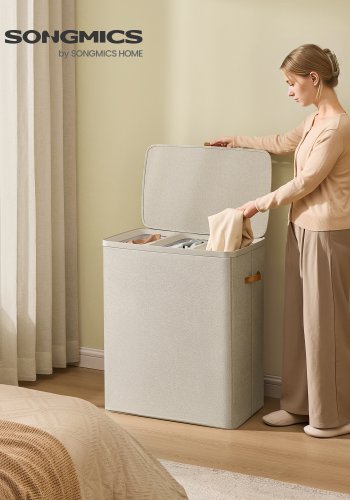 SONGMICS LCB814LH01 vasket�jskurv, 190 L, m. 3 rum, l�g, h�ndtag, aftagelige foringer - cappuccino beige stof