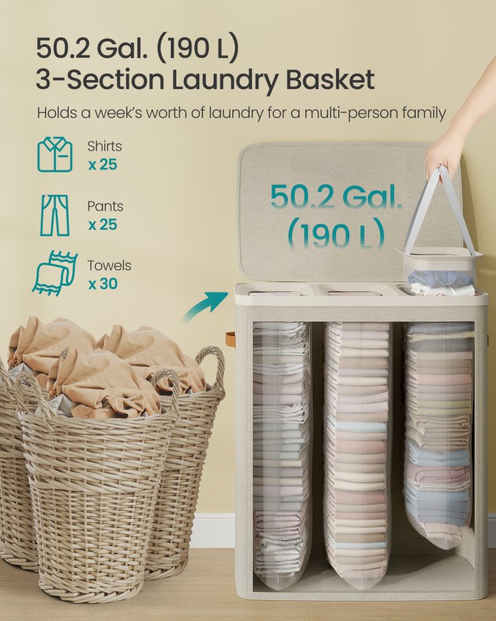 SONGMICS tv&auml;ttkorg, 190 l tv&auml;ttkorg med tre fack, med lock och handtag, avtagbara foder, enkel montering, 64 x 40 x 75 cm, cappuccino beige LCB814LH01