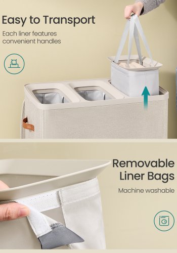 SONGMICS tv&auml;ttkorg, 190 l tv&auml;ttkorg med tre fack, med lock och handtag, avtagbara foder, enkel montering, 64 x 40 x 75 cm, cappuccino beige LCB814LH01