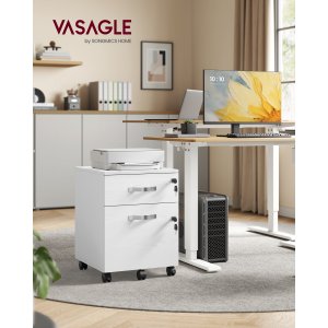 VASAGLE L�sbart arkivskab, arkivpiedestal med 2 skuffer, 5 hjul og justerbare oph�ngningsskinner, tekstureret overflade, til A4- og Letter-papirer, hjemmekontor, hvid LCD022T46V1