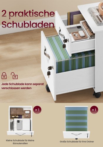 VASAGLE L�sbart arkivskab, arkivpiedestal med 2 skuffer, 5 hjul og justerbare oph�ngningsskinner, tekstureret overflade, til A4- og Letter-papirer, hjemmekontor, hvid LCD022T46V1