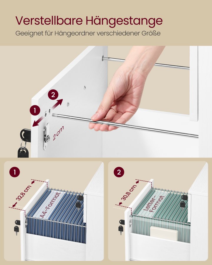 VASAGLE L�sbart arkivskab, arkivpiedestal med 2 skuffer, 5 hjul og justerbare oph�ngningsskinner, tekstureret overflade, til A4- og Letter-papirer, hjemmekontor, hvid LCD022T46V1