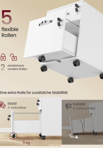VASAGLE L�sbart arkivskab, arkivpiedestal med 2 skuffer, 5 hjul og justerbare oph�ngningsskinner, tekstureret overflade, til A4- og Letter-papirer, hjemmekontor, hvid LCD022T46V1