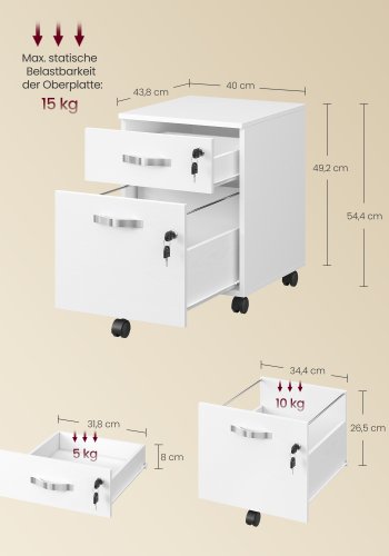 VASAGLE L�sbart arkivskab, arkivpiedestal med 2 skuffer, 5 hjul og justerbare oph�ngningsskinner, tekstureret overflade, til A4- og Letter-papirer, hjemmekontor, hvid LCD022T46V1