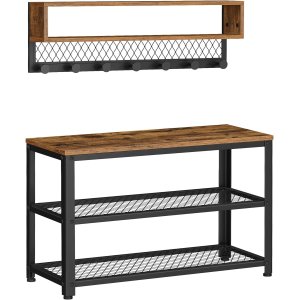 VASAGLE Knager�kke med skob�nk, entrem�bel, multifunktionel, prikkede knager�kker, 2-lags skoreol, industriel stil, til entr&eacute;, entr&eacute;, rustik brun LCR073K01