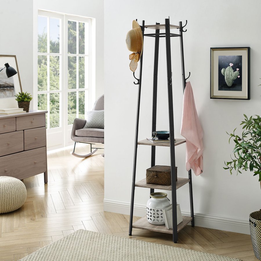 VASAGLE LCR080B02 stumtjener, m. 8 kroge og 3 hylder - gr� sp�nplade og sort st�l