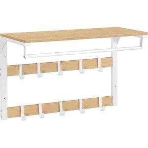 VASAGLE veggmontert klesstativ, vegghylle med 10 avtakbare kroker, klesstang, klesstativ med hylle, for gang, soverom, bad, eikefarge og hvit LCR101W09