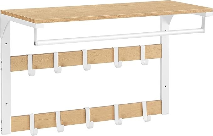 VASAGLE veggmontert klesstativ, vegghylle med 10 avtakbare kroker, klesstang, klesstativ med hylle, for gang, soverom, bad, eikefarge og hvit LCR101W09