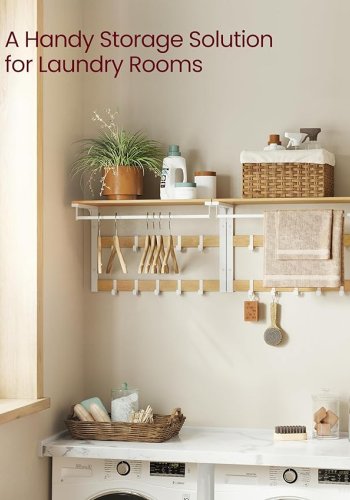 VASAGLE Wandgarderobe, Wandregal mit 10 abnehmbaren Haken, Kleiderstange, Garderobenst�nder mit Ablage, f�r Flur, Schlafzimmer, Badezimmer, Eichenfarbe und Wei� LCR101W09