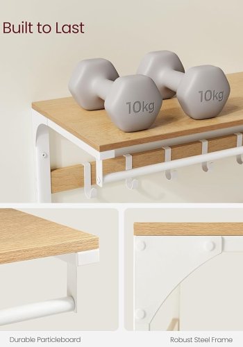 VASAGLE veggmontert klesstativ, vegghylle med 10 avtakbare kroker, klesstang, klesstativ med hylle, for gang, soverom, bad, eikefarge og hvit LCR101W09