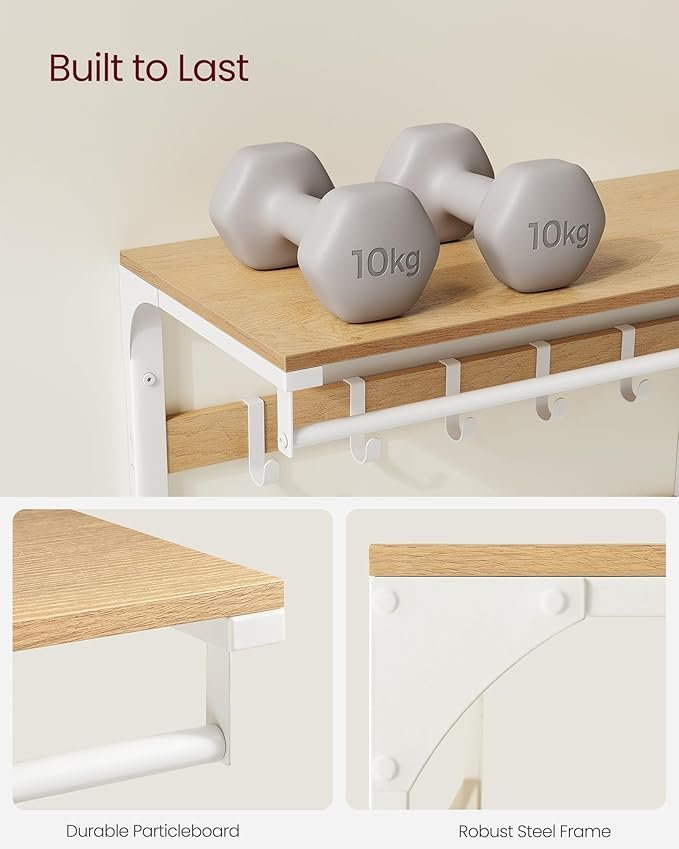 VASAGLE veggmontert klesstativ, vegghylle med 10 avtakbare kroker, klesstang, klesstativ med hylle, for gang, soverom, bad, eikefarge og hvit LCR101W09