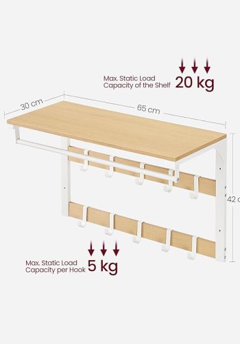 VASAGLE veggmontert klesstativ, vegghylle med 10 avtakbare kroker, klesstang, klesstativ med hylle, for gang, soverom, bad, eikefarge og hvit LCR101W09