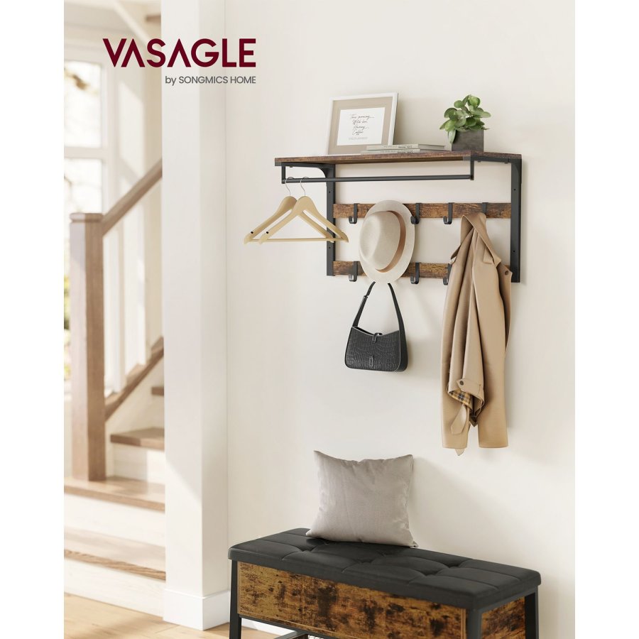 VASAGLE LCR201B01 hattehylde, m. b�jlestang, 10 knager - vintage brun sp�nplade og sort st�l (B:80)
