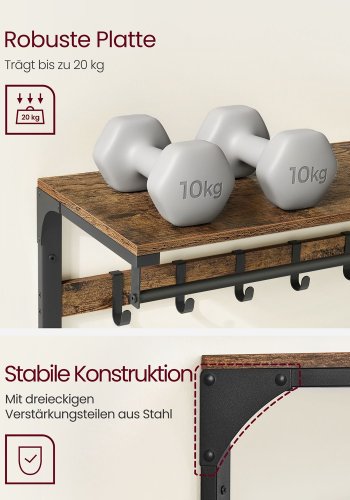 VASAGLE LCR201B01 hattehylde, m. b�jlestang, 10 knager - vintage brun sp�nplade og sort st�l (B:80)