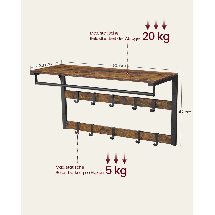 VASAGLE LCR201B01 hattehylde, m. b�jlestang, 10 knager - vintage brun sp�nplade og sort st�l (B:80)