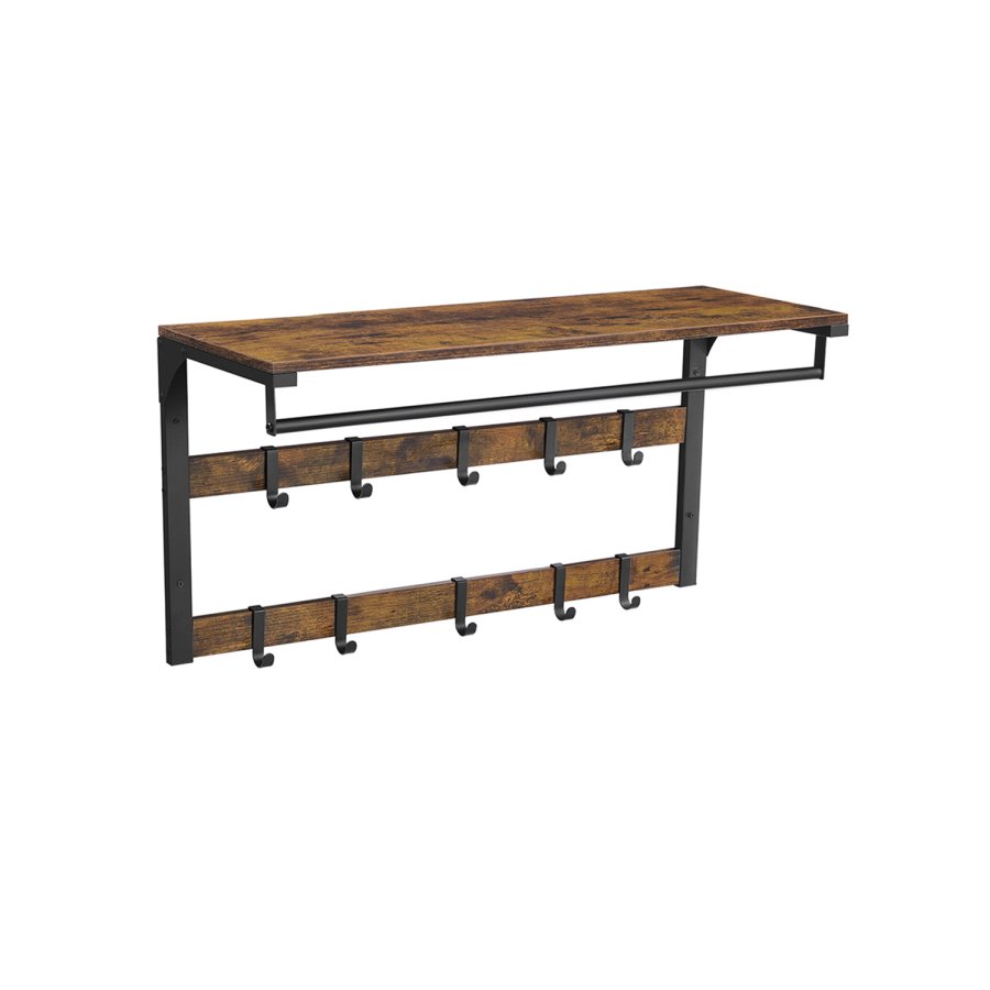 VASAGLE LCR201B01 hattehylde, m. b�jlestang, 10 knager - vintage brun sp�nplade og sort st�l (B:80)