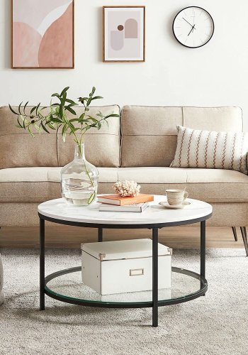 VASAGLE Couchtisch, rund, mit Glasablage – Spanplatte in weißer Marmoroptik und schwarzer Stahl (80)