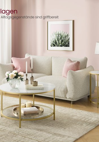 VASAGLE Sofabord, Stuebord, Sofa Cocktailbord Rundt Imiteret Marmor, Opbevaringshylde i H�rdet Glas, Nem at Samle, Moderne Stil, Til Stue, Marmor Hvid og Metallisk Guld LCT071W59