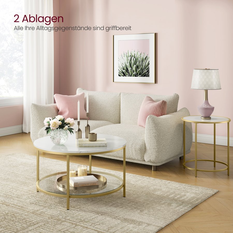 VASAGLE Sofabord, Stuebord, Sofa Cocktailbord Rundt Imiteret Marmor, Opbevaringshylde i H�rdet Glas, Nem at Samle, Moderne Stil, Til Stue, Marmor Hvid og Metallisk Guld LCT071W59