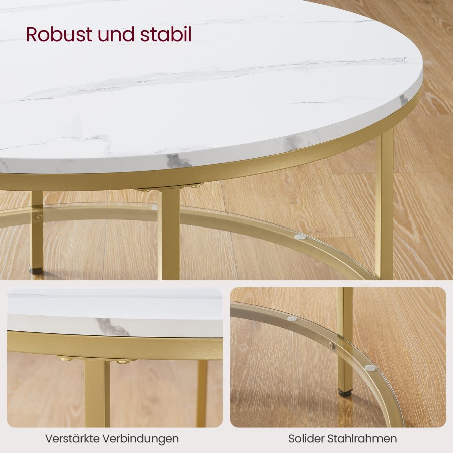 VASAGLE Sofabord, Stuebord, Sofa Cocktailbord Rundt Imiteret Marmor, Opbevaringshylde i H�rdet Glas, Nem at Samle, Moderne Stil, Til Stue, Marmor Hvid og Metallisk Guld LCT071W59