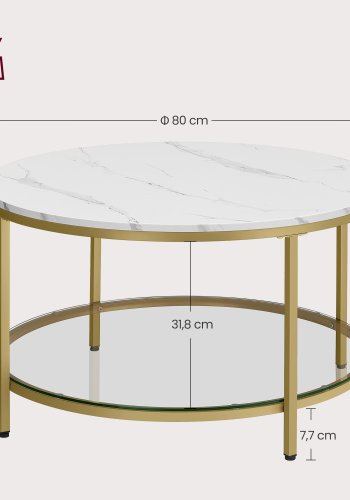 VASAGLE Sofabord, Stuebord, Sofa Cocktailbord Rundt Imiteret Marmor, Opbevaringshylde i H�rdet Glas, Nem at Samle, Moderne Stil, Til Stue, Marmor Hvid og Metallisk Guld LCT071W59