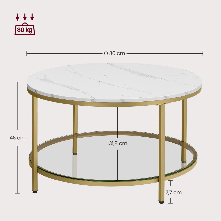 VASAGLE Sofabord, Stuebord, Sofa Cocktailbord Rundt Imiteret Marmor, Opbevaringshylde i H�rdet Glas, Nem at Samle, Moderne Stil, Til Stue, Marmor Hvid og Metallisk Guld LCT071W59